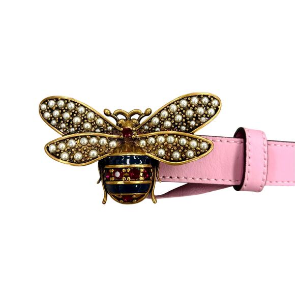 Gucci Queen Margaret Bee Skinny Pink Leather Belt Women’s Size 36 Authentic - Picture 2 of 10